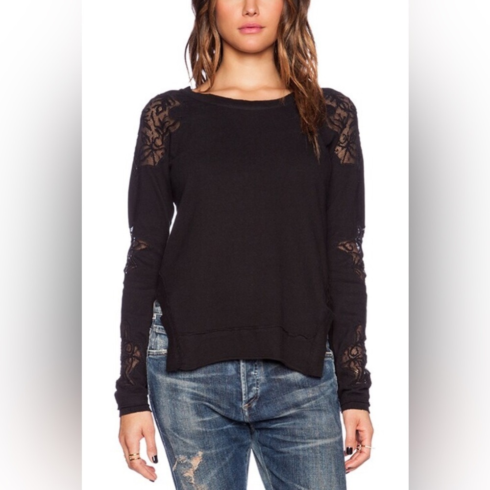 Free People - Outer Sunset Black Lace Detail Long Sleeve Cutout Back Blouse SZ S